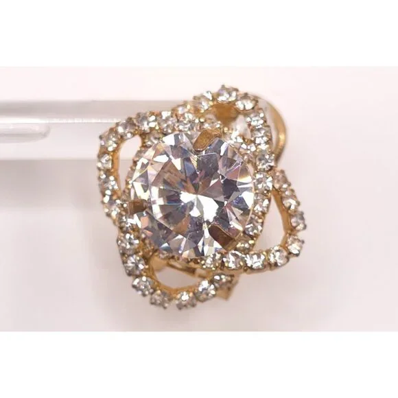 Vintage Gold-Tone Clip-On Earrings With Large Round Clear Rhinestones & Pave Set - Picture 5 of 8